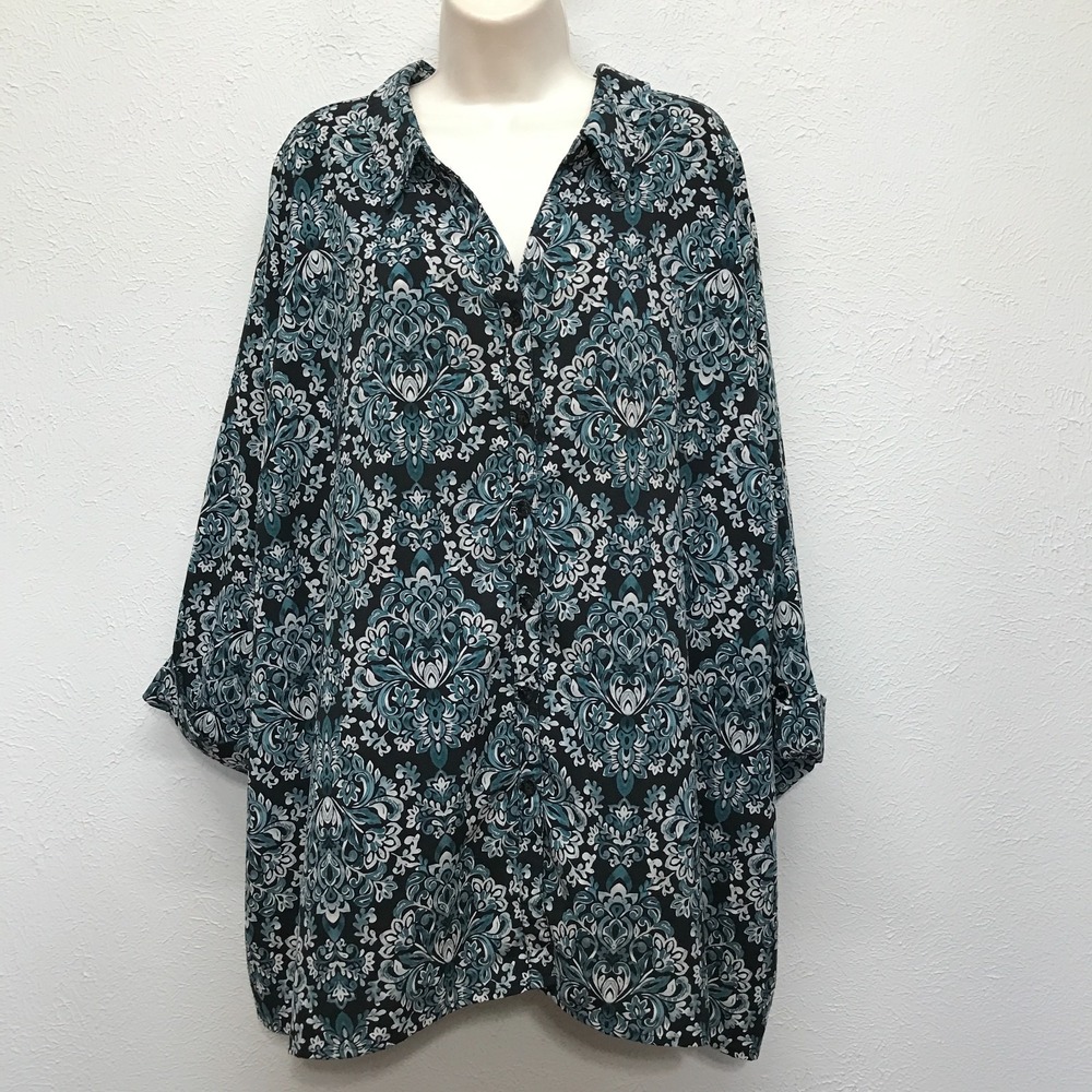 Catherines Button Down Shirt Womens Plus 4X Black Teal Damask Medallion Blouse